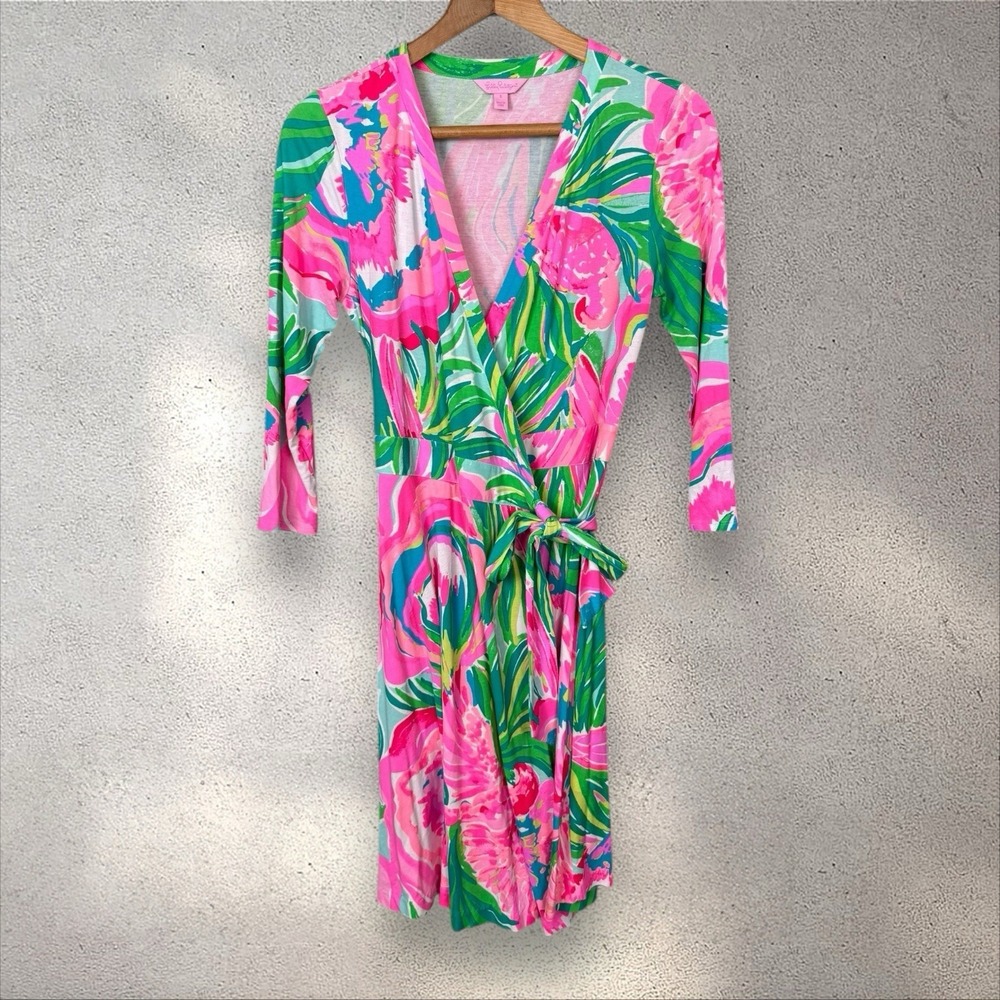 Lilly Pulitzer Emilia Wrap Dress Paradise Bound‎ Beach Stretch Floral Sz S - Picture 2 of 7